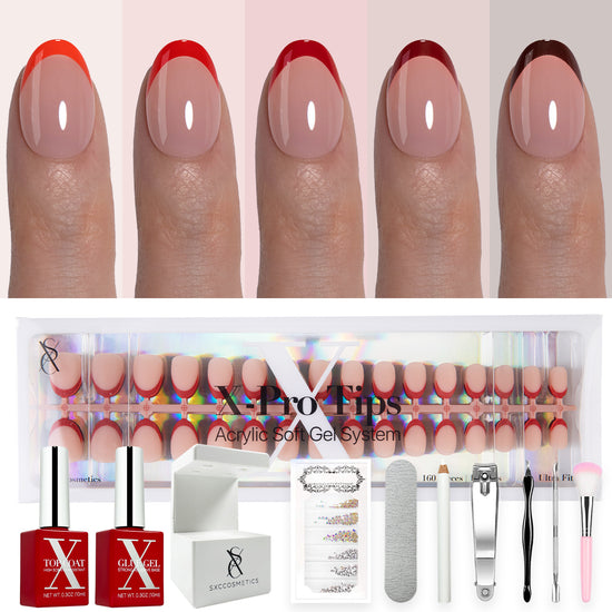 SXC Cosmetics X-Pro Tips French Tip Press on Nails – French Red Edition, XS Almond Starter Kit