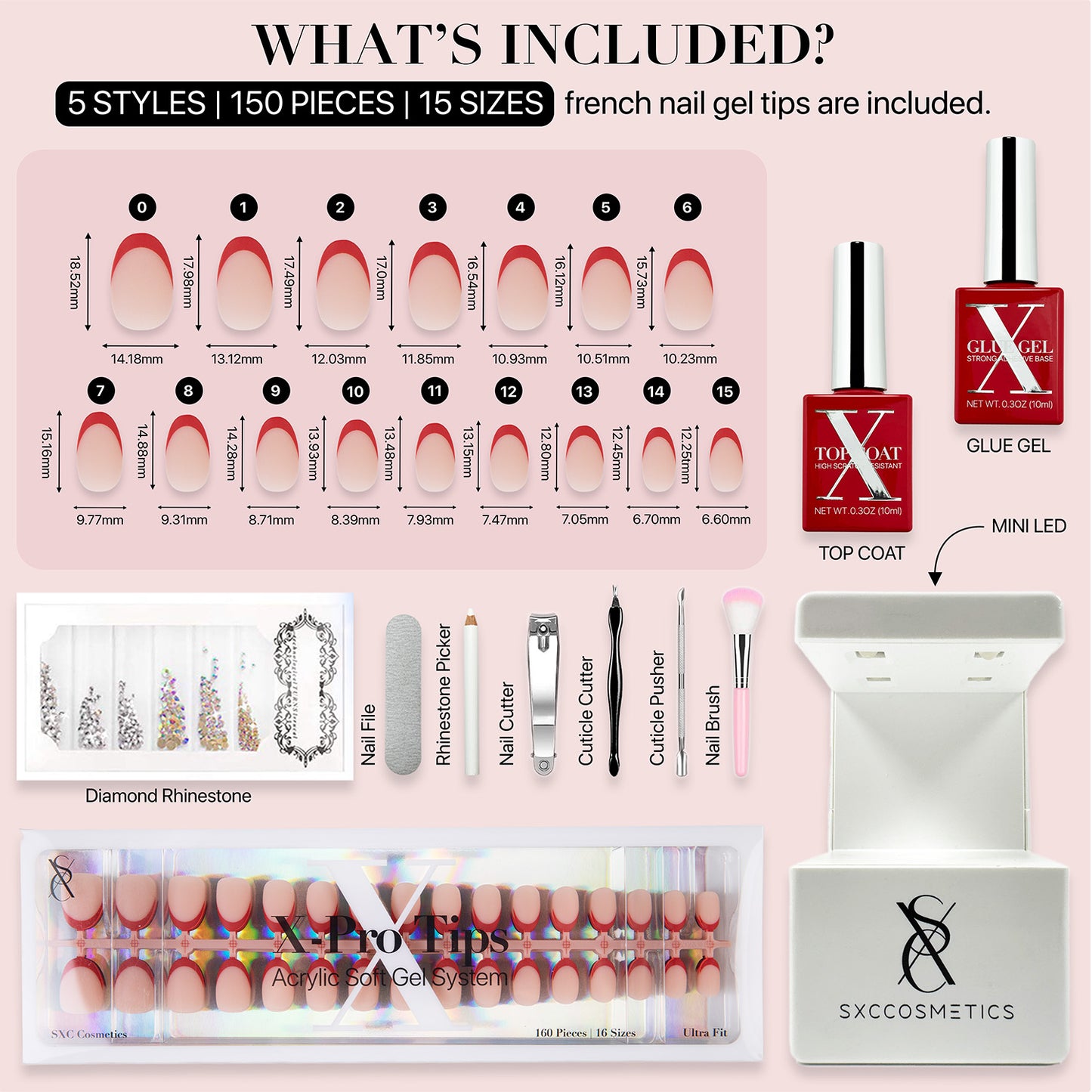 SXC Cosmetics X-Pro Tips French Tip Press on Nails – French Red Edition, XS Almond Starter Kit