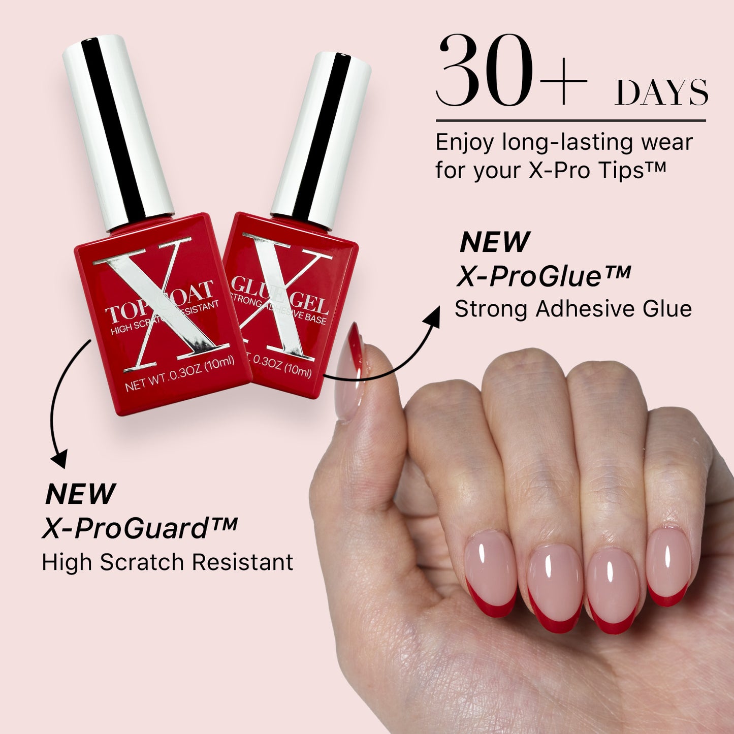 SXC Cosmetics X-Pro Tips French Tip Press on Nails – French Red Edition, XS Almond Starter Kit