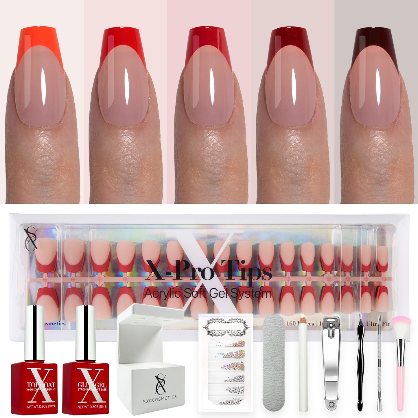 SXC Cosmetics X-Pro Tips French Tip Press on Nails – French Red Edition, Short Coffin Starter Kit