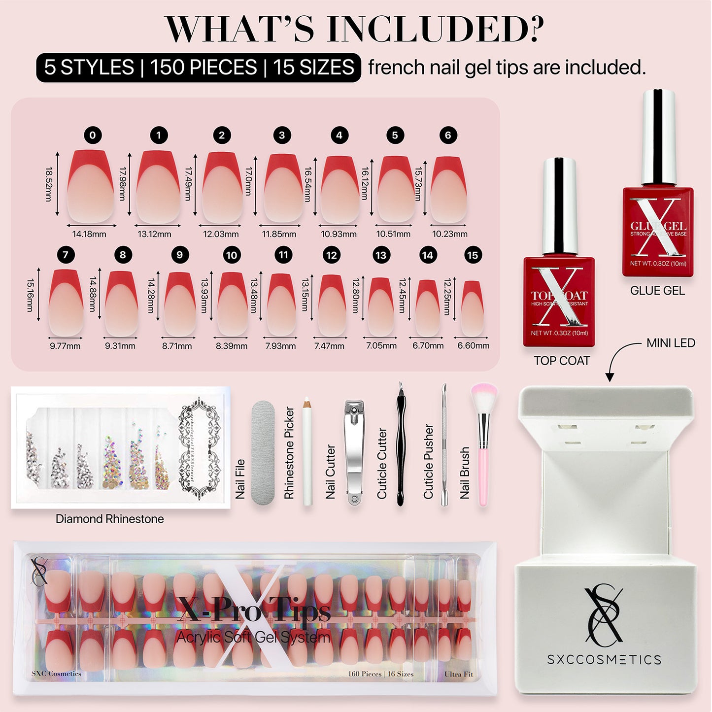 SXC Cosmetics X-Pro Tips French Tip Press on Nails – French Red Edition, Short Coffin Starter Kit