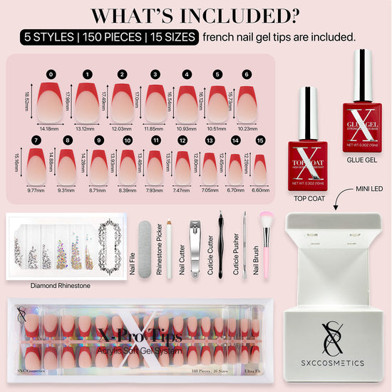 SXC Cosmetics X-Pro Tips French Tip Press on Nails – French Red Edition, Short Coffin Starter Kit