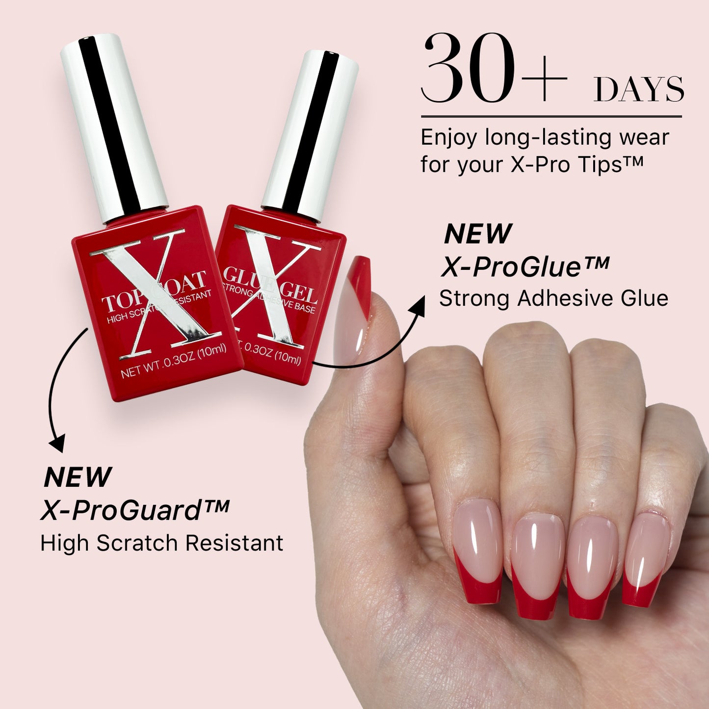 SXC Cosmetics X-Pro Tips French Tip Press on Nails – French Red Edition, Short Coffin Starter Kit