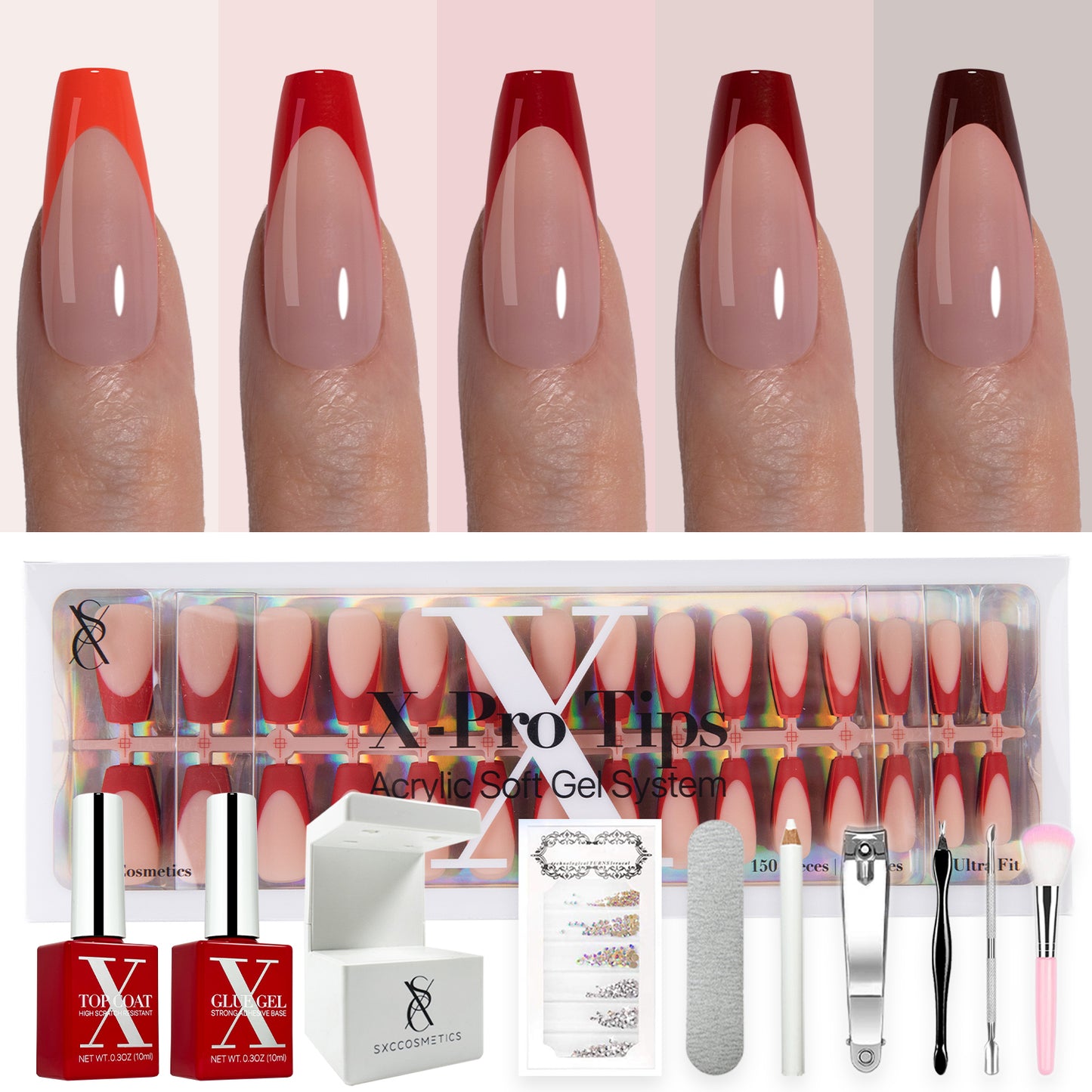 SXC Cosmetics X-Pro Tips French Tip Press on Nails – French Red Edition, Medium Coffin Starter Kit
