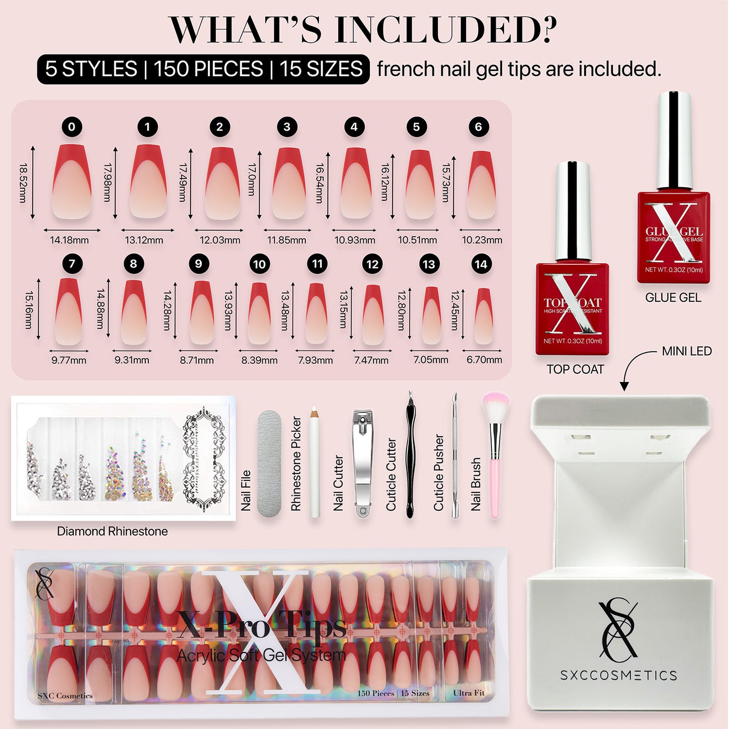 SXC Cosmetics X-Pro Tips French Tip Press on Nails – French Red Edition, Medium Coffin Starter Kit