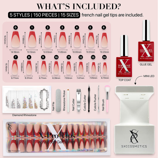 SXC Cosmetics X-Pro Tips French Tip Press on Nails – French Red Edition, Medium Coffin Starter Kit