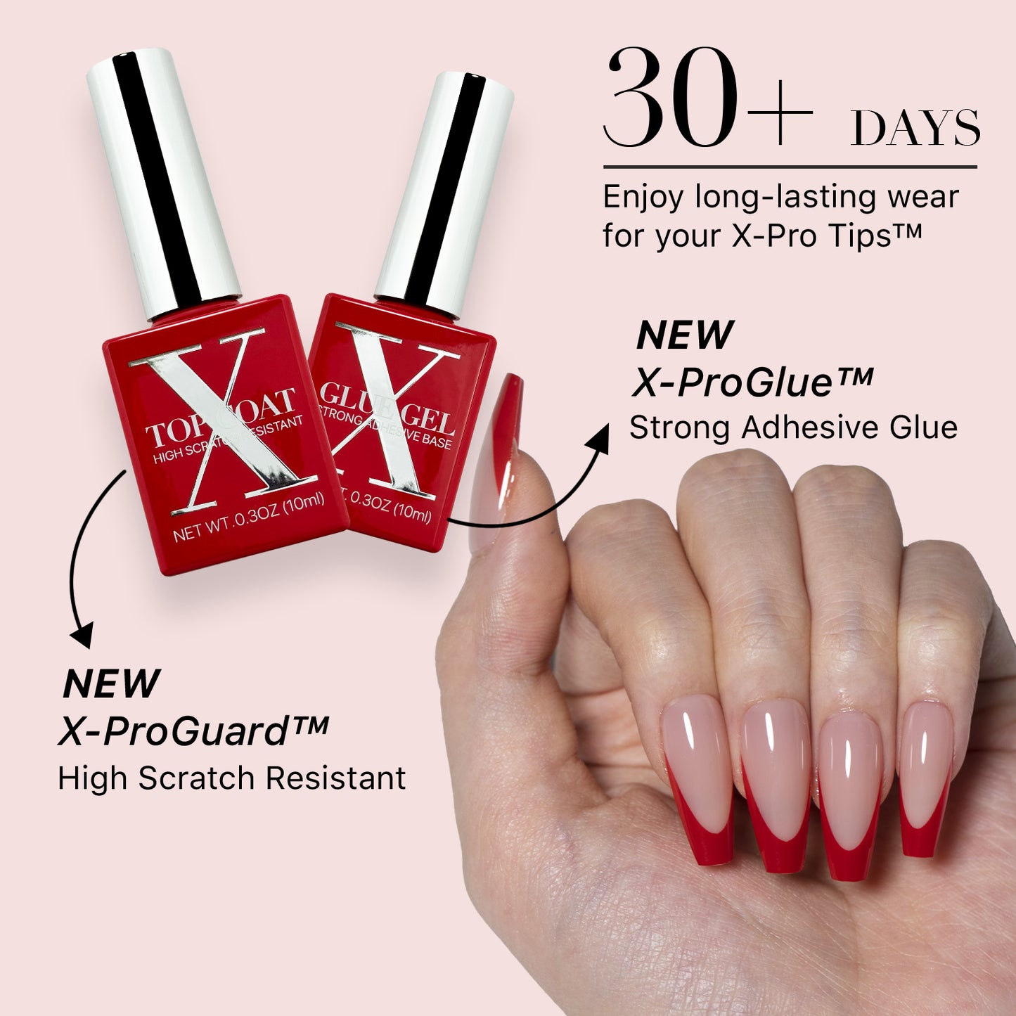 SXC Cosmetics X-Pro Tips French Tip Press on Nails – French Red Edition, Medium Coffin Starter Kit