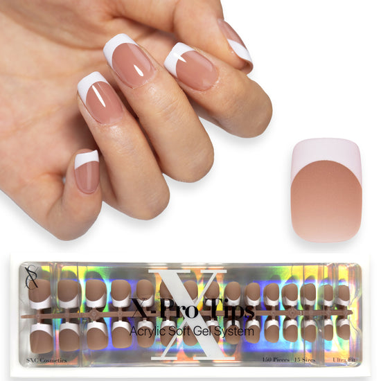 SXC Cosmetics X-Pro Tips Press on Nails, Brown XS Square French Tips, 150 Pieces in 15 Sizes Ultra Fit Acrylic Soft Gel System