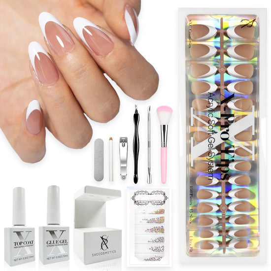 SXC Cosmetics French Tip Press On Nails Brown Series, Medium Almond X-Pro Tips Starter Kit