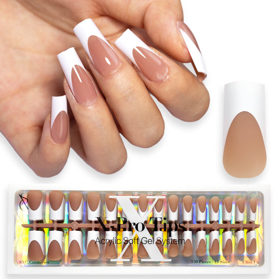 SXC Cosmetics X-Pro Tips Press on Nails, Brown Medium Square French Tips, 150 Pieces in 15 Sizes Ultra Fit Acrylic Soft Gel System