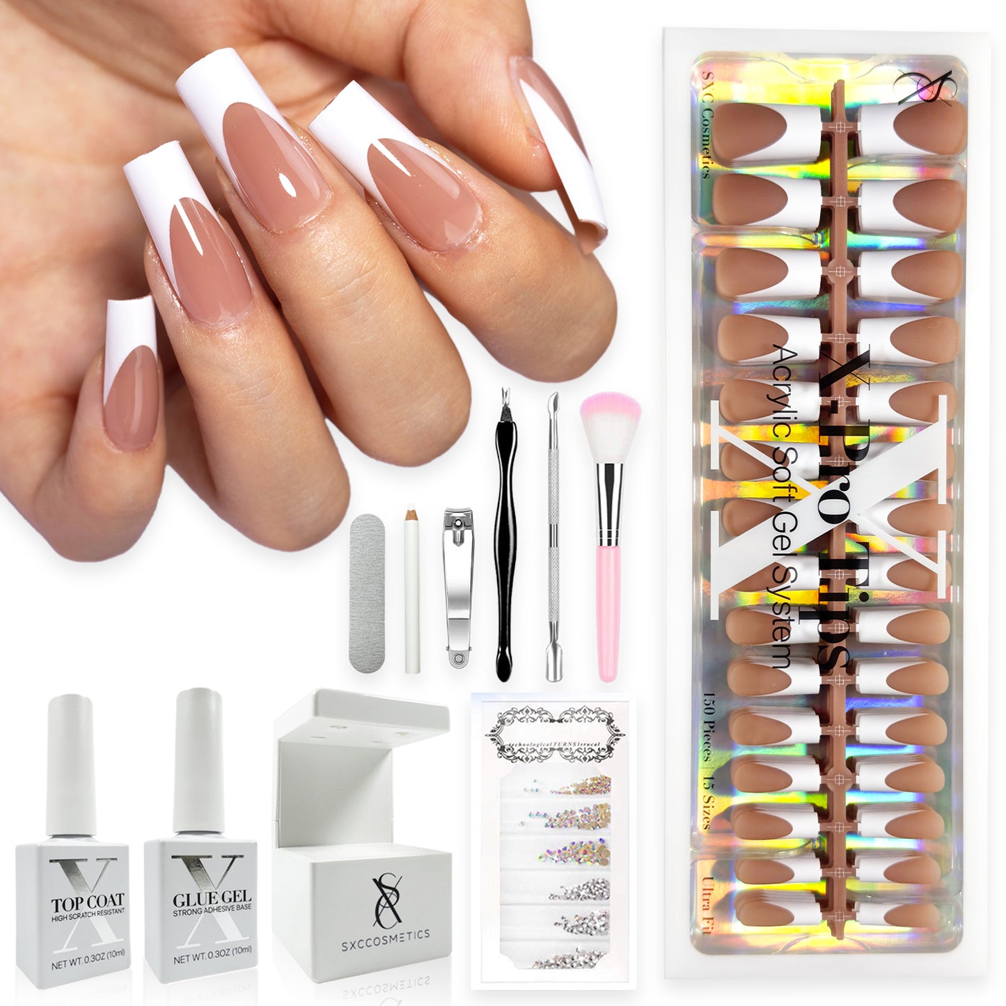 SXC Cosmetics French Tip Press On Nails Brown Series, Medium Square X-Pro Tips Starter Kit