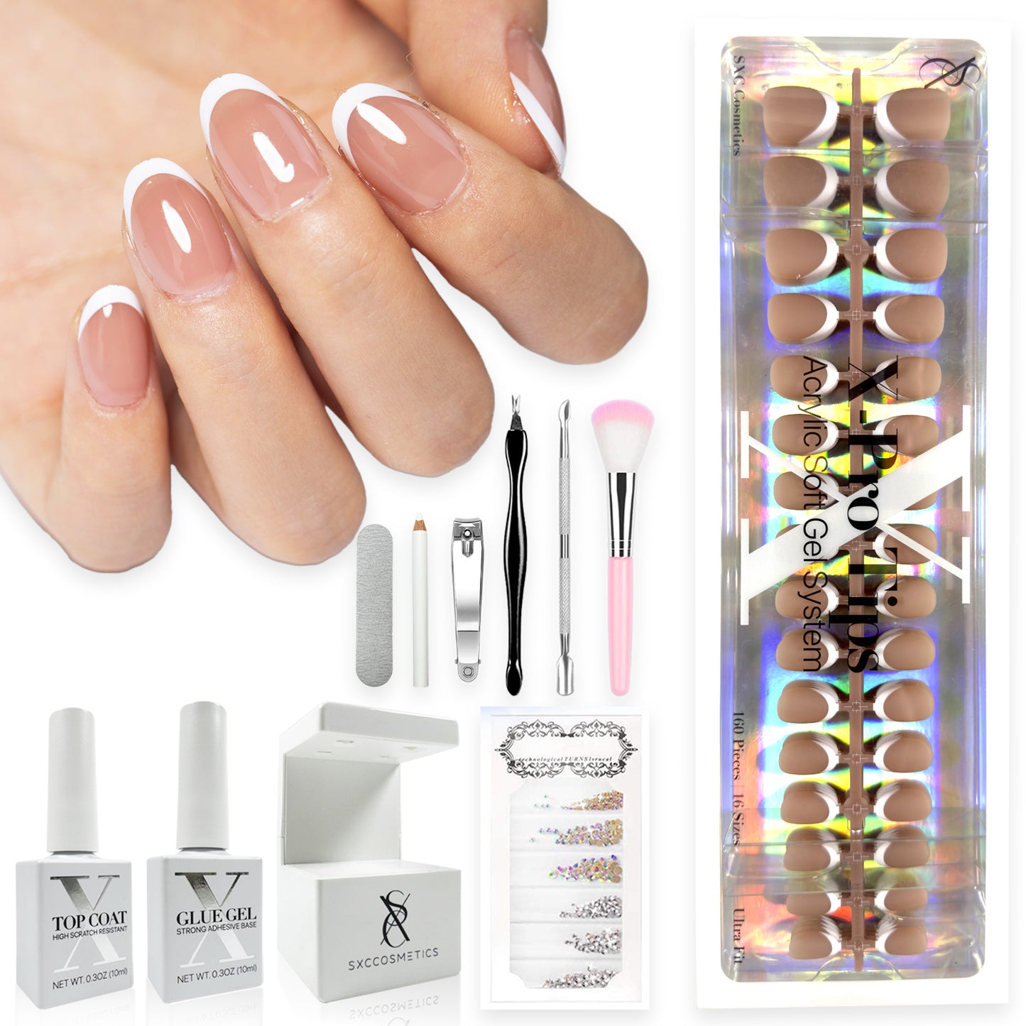 SXC Cosmetics French Tip Press On Nails Brown Series, XS Almond X-Pro Tips Starter Kit