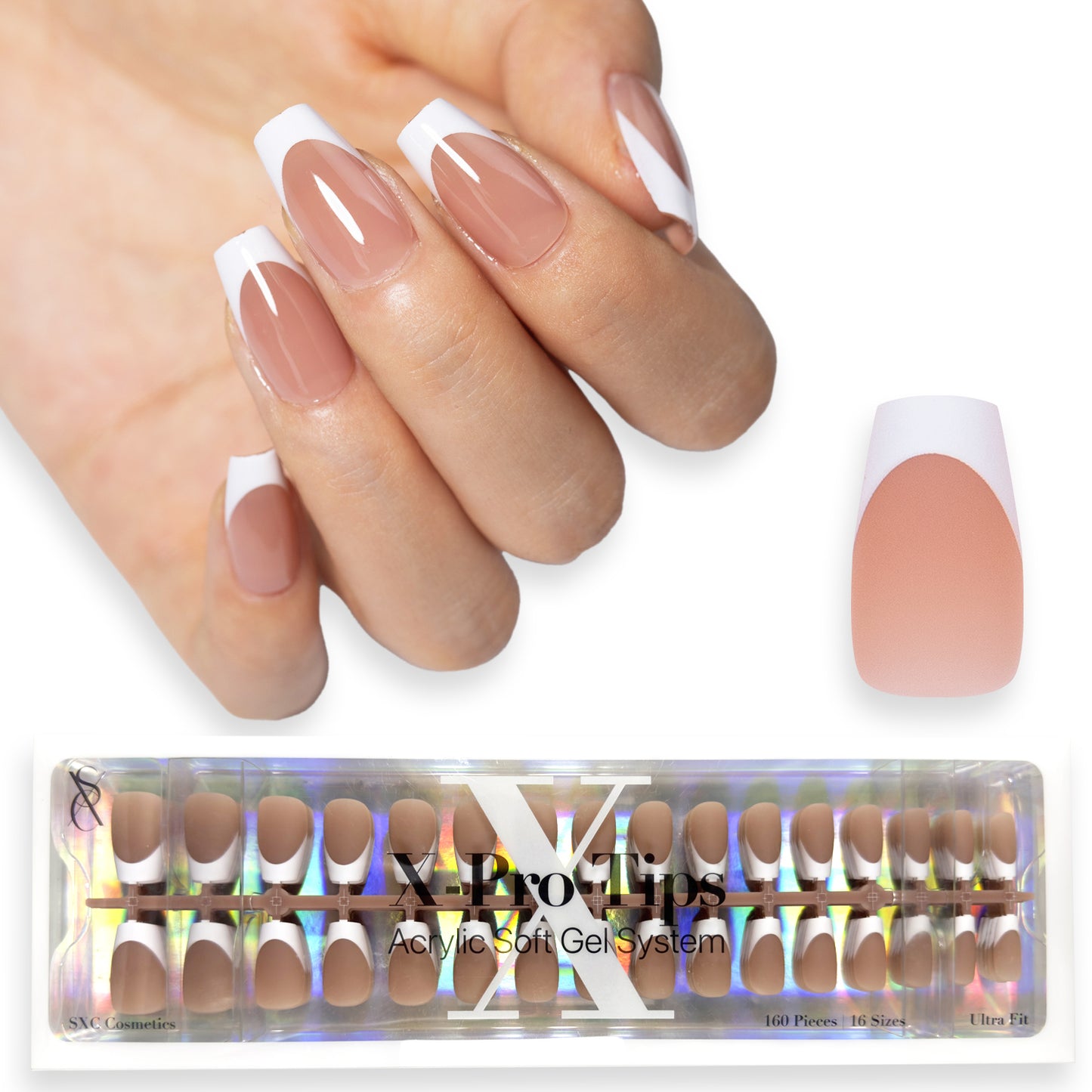 SXC Cosmetics X-Pro Tips Press on Nails, Brown Short Coffin French Tips, 160 Pieces in 16 Sizes Ultra Fit Acrylic Soft Gel System