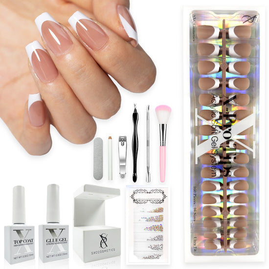 SXC Cosmetics French Tip Press On Nails Brown Series, Small Coffin X-Pro Tips Starter Kit