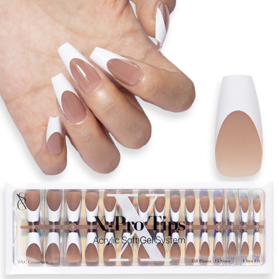 SXC Cosmetics X-Pro Tips Press on Nails, Brown Medium Coffin French Tips, 150 Pieces in 15 Sizes Ultra Fit Acrylic Soft Gel System