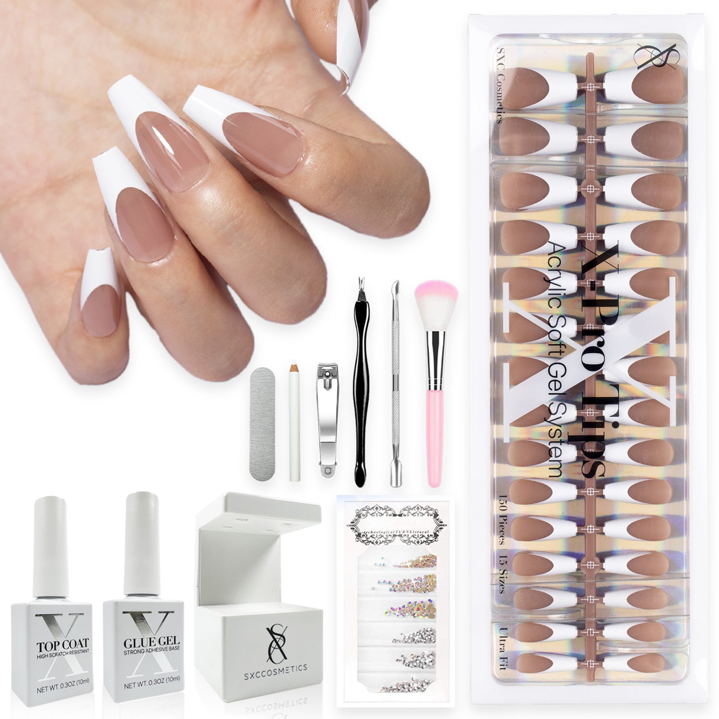 SXC Cosmetics French Tip Press On Nails Brown Series, Medium Coffin X-Pro Tips Starter Kit