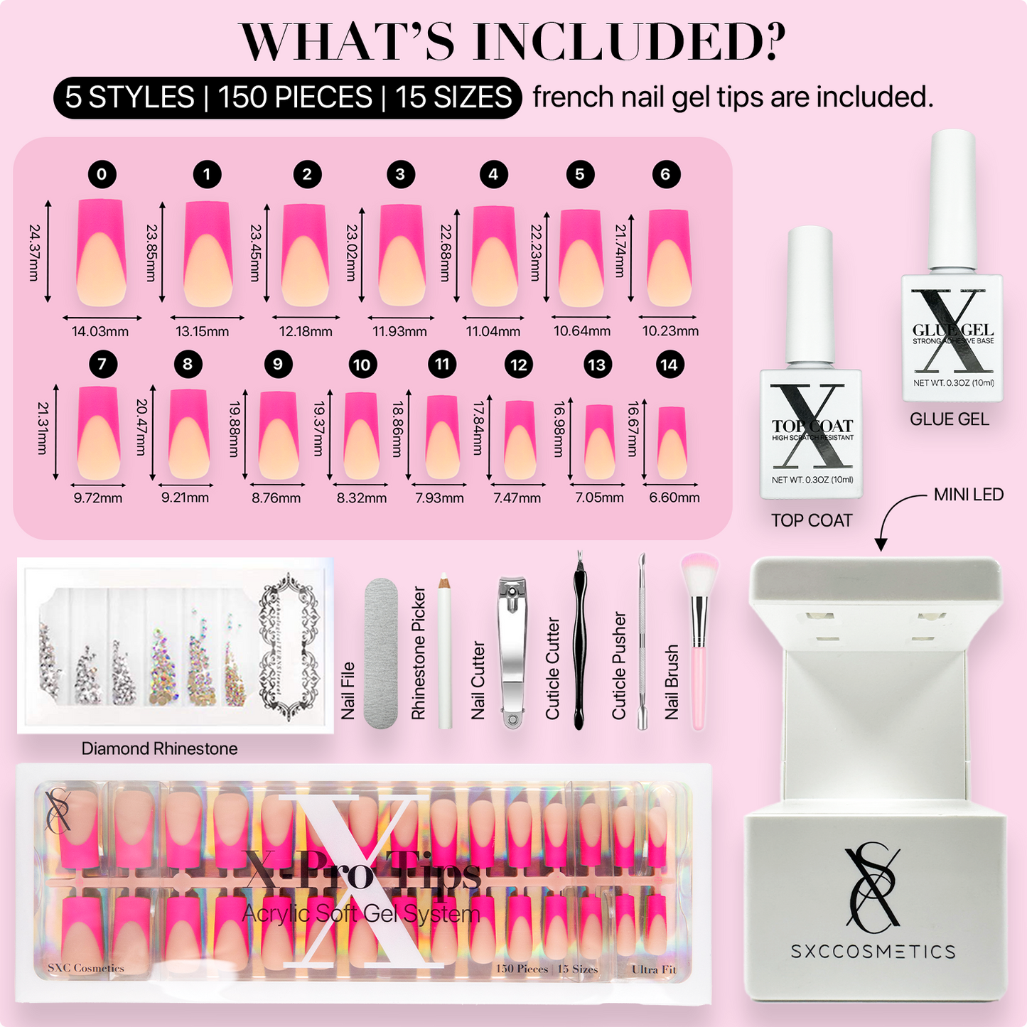 SXC Cosmetics X-Pro Tips French Tip Press On Nails - Bright Pastel Glow in the Dark Series (GLOW117KIT-M Square)