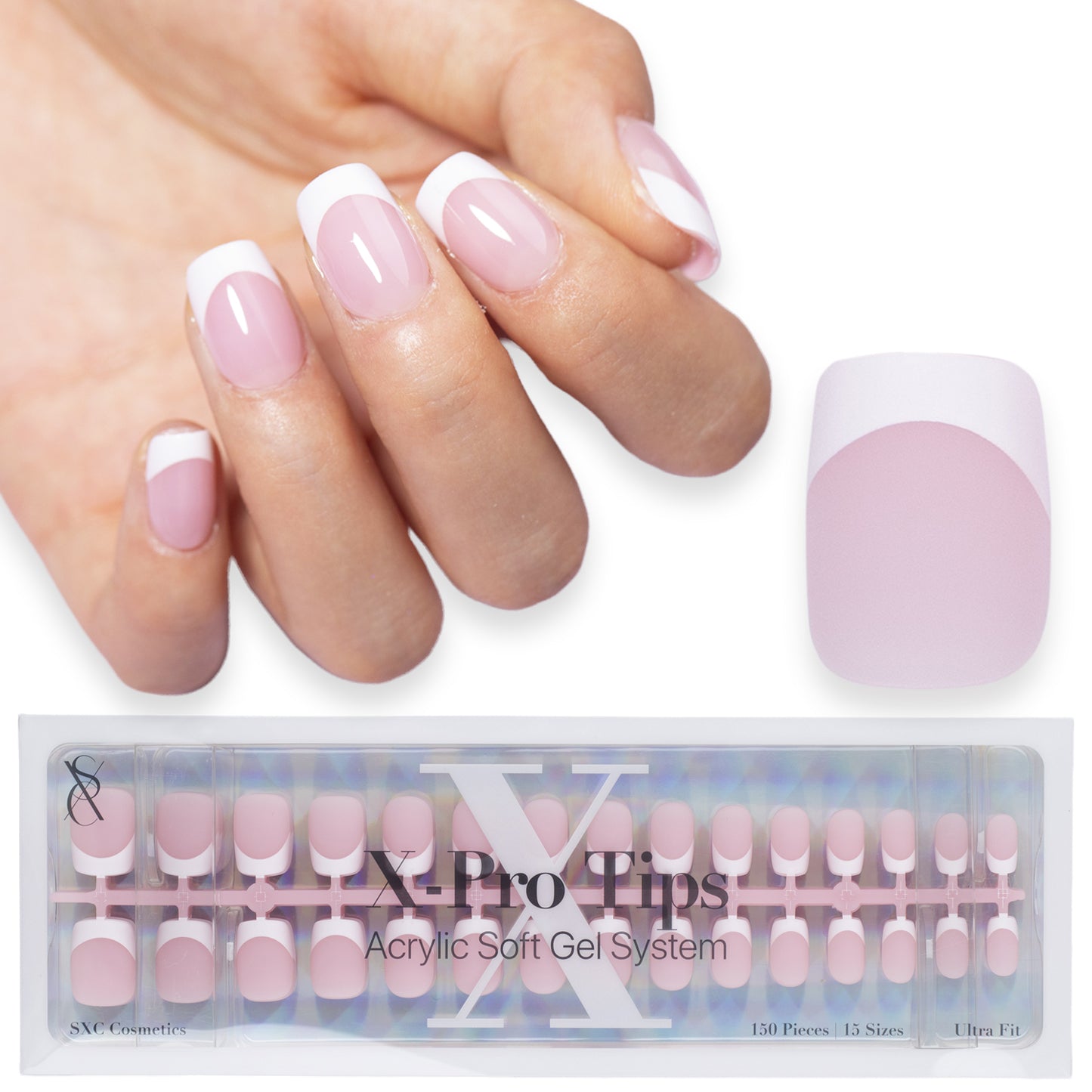 SXC Cosmetics X-Pro Tips Press on Nails, Pink XS Square French Tips, 150 Pieces in 15 Sizes Ultra Fit Acrylic Soft Gel System