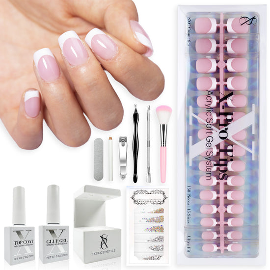 SXC Cosmetics X-Pro Tips Press on Nails Starter Kit, Pink XS Square French Tips, 150 Pieces in 15 Sizes Ultra Fit Acrylic Soft Gel System