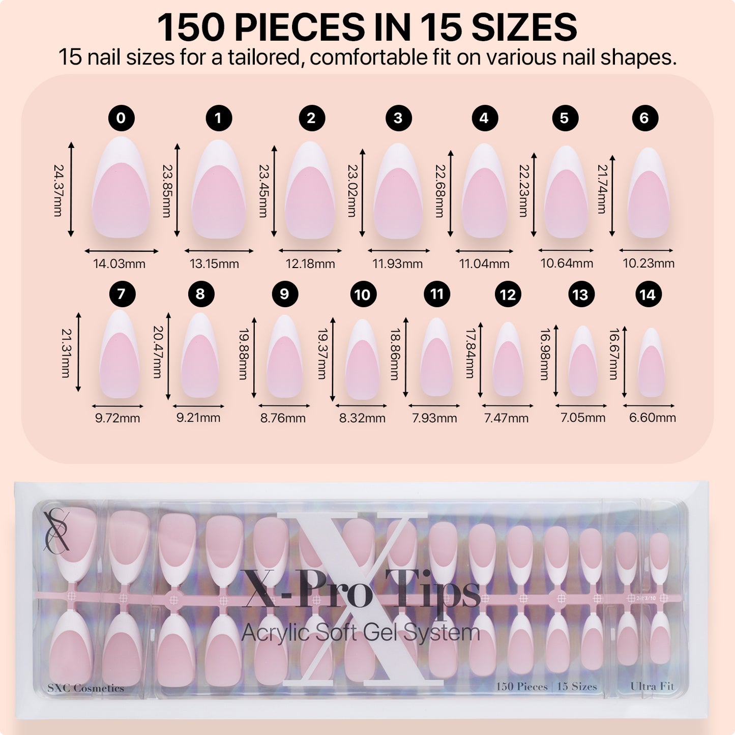 SXC Cosmetics X-Pro Tips Press on Nails, Pink Medium Almond French Tips, 150 Pieces in 15 Sizes Ultra Fit Acrylic Soft Gel System