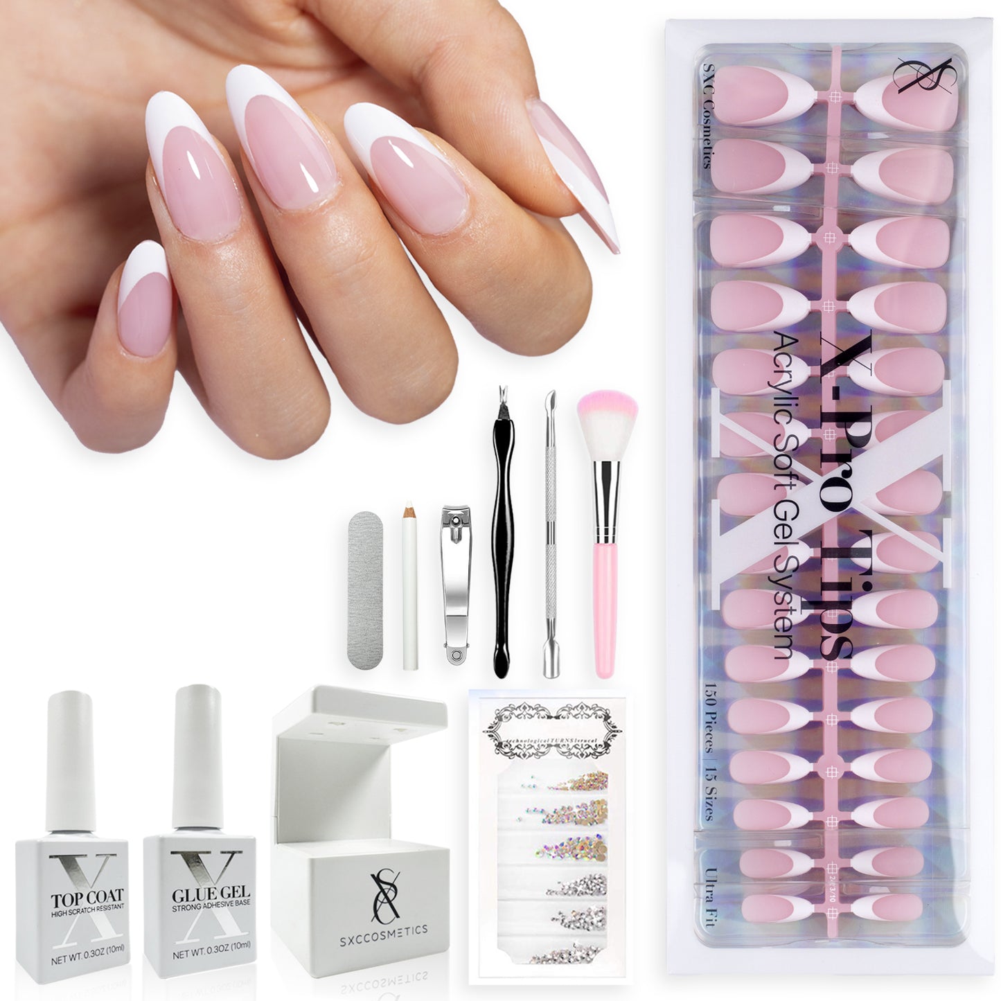 SXC Cosmetics French Tip Press On Nails Pink Series, Medium Almond X-Pro Tips Starter Kit