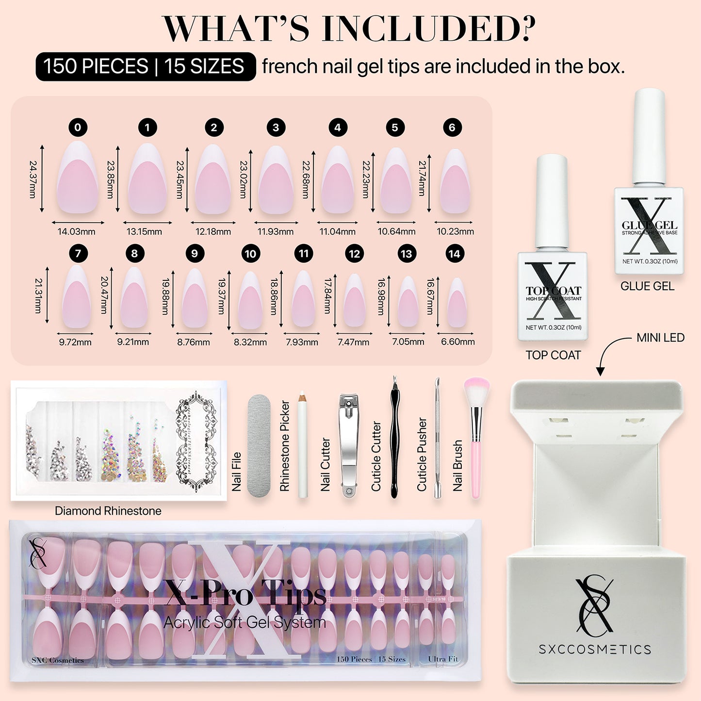 SXC Cosmetics French Tip Press On Nails Pink Series, Medium Almond X-Pro Tips Starter Kit