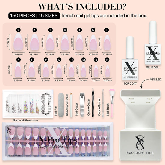 SXC Cosmetics French Tip Press On Nails Pink Series, Medium Almond X-Pro Tips Starter Kit