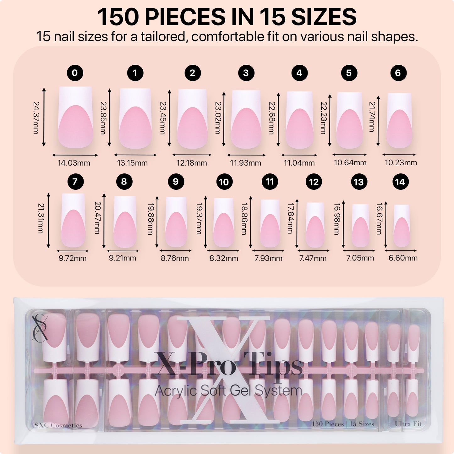 SXC Cosmetics X-Pro Tips Press on Nails, Pink Medium Square French Tips, 150 Pieces in 15 Sizes Ultra Fit Acrylic Soft Gel System