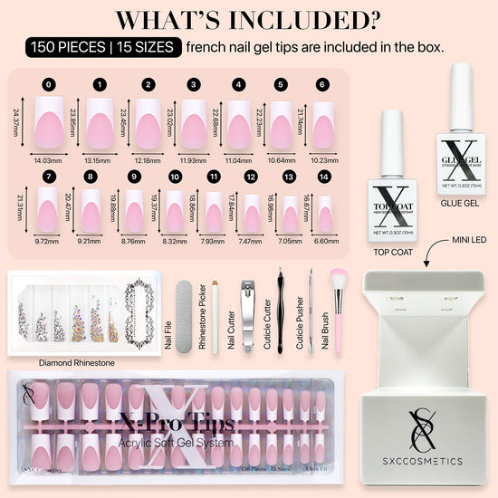 SXC Cosmetics X-Pro Tips Press on Nails Starter Kit,  Pink Medium Square French Tips, 150 Pieces in 15 Sizes Ultra Fit Acrylic Soft Gel System