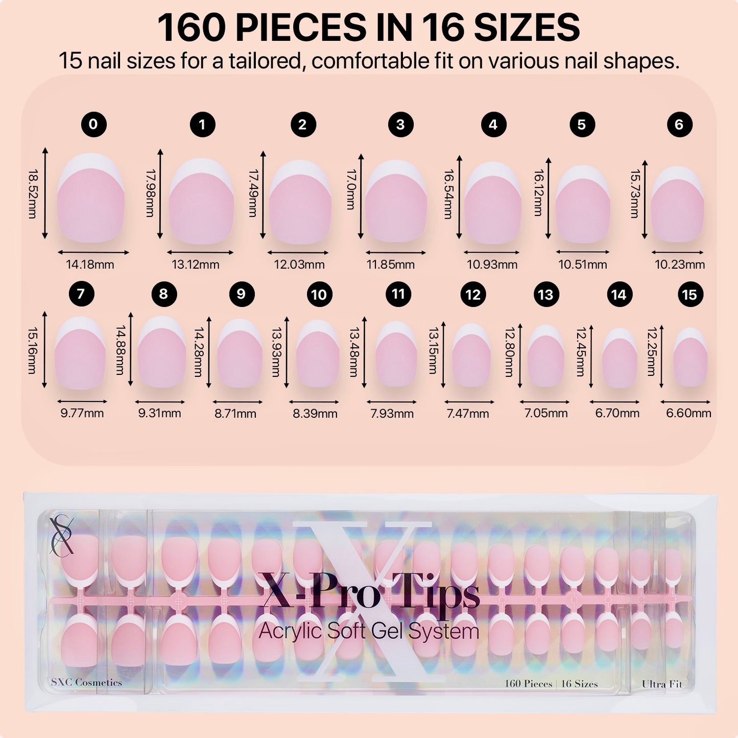 SXC Cosmetics X-Pro Tips Press on Nails, Pink XS Almond French Tips, 160 Pieces in 16 Sizes Ultra Fit Acrylic Soft Gel System
