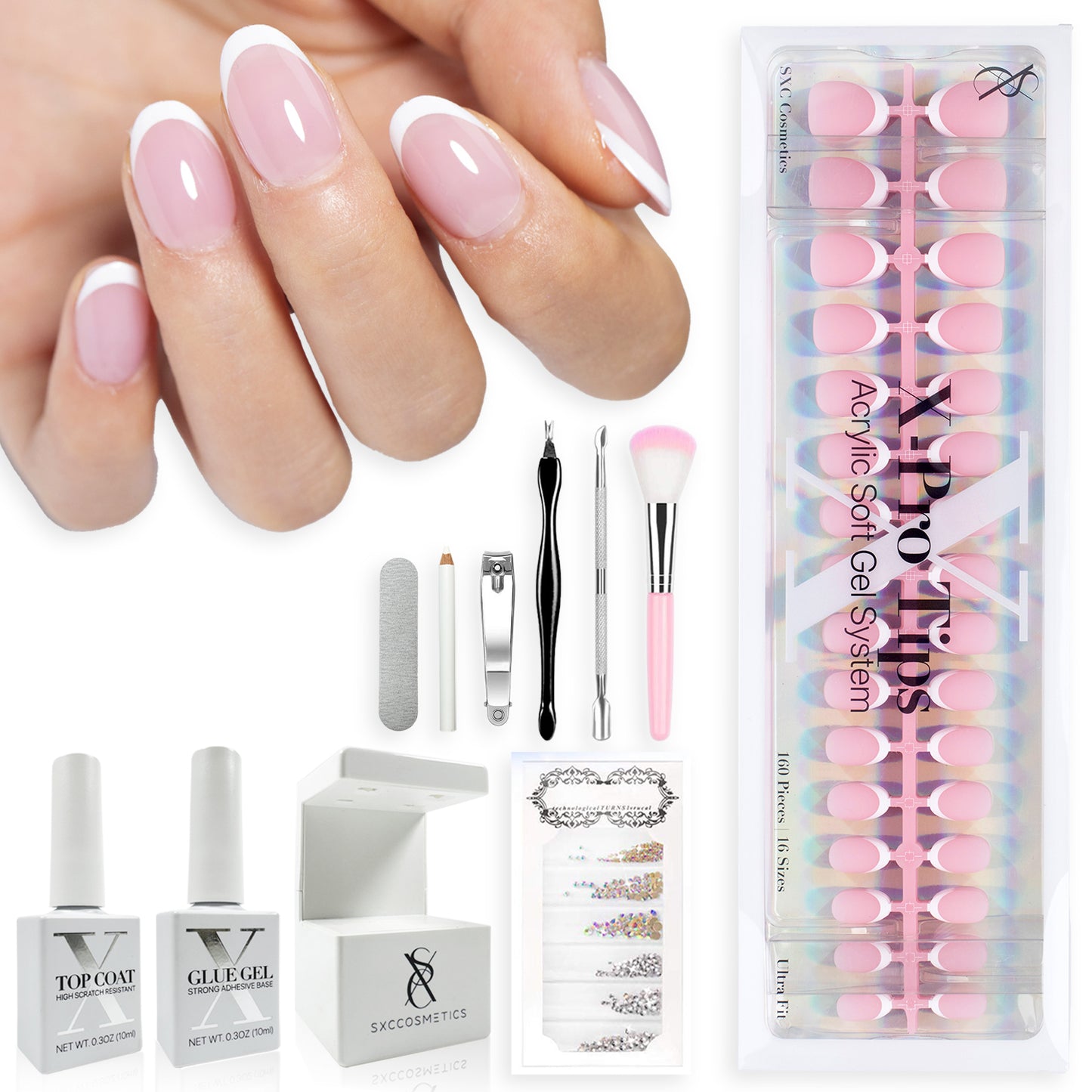 SXC Cosmetics French Tip Press On Nails Pink Series, XS Almond X-Pro Tips Starter Kit