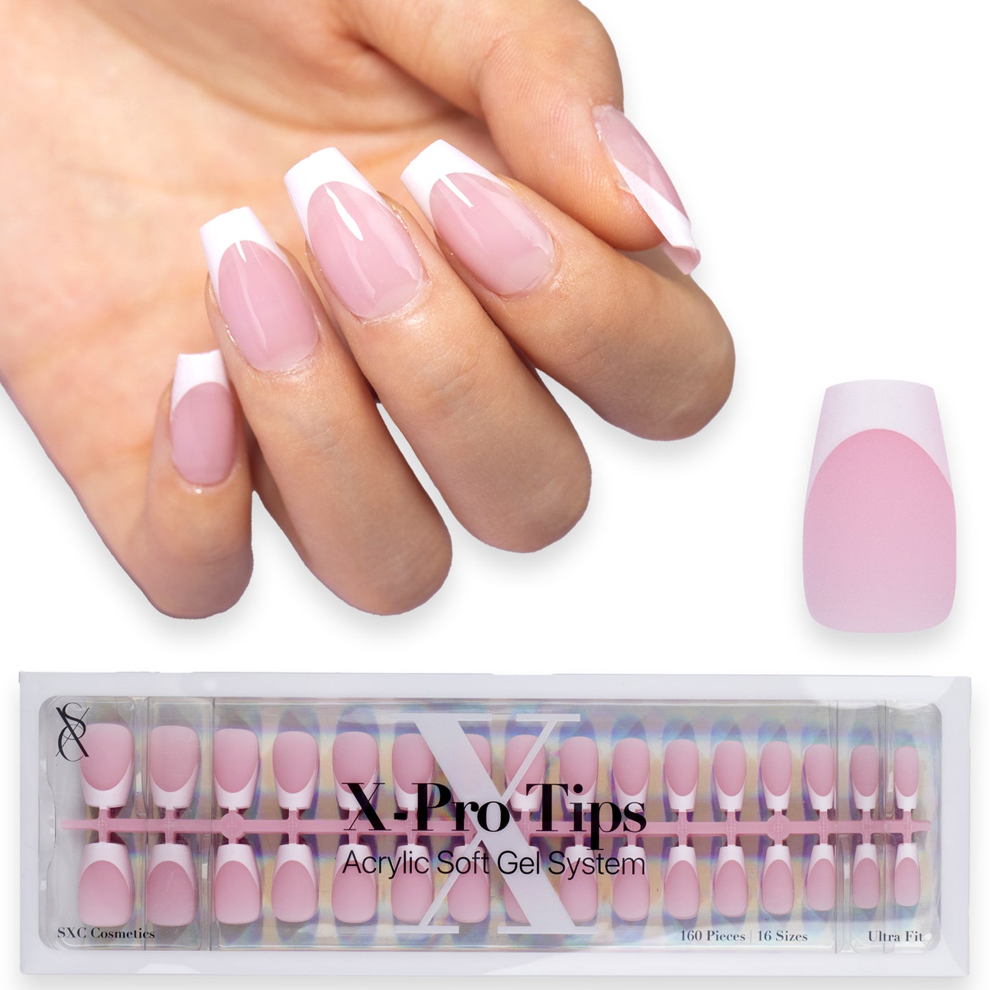 SXC Cosmetics X-Pro Tips Press on Nails, Pink Short Coffin French Tips, 160 Pieces in 16 Sizes Ultra Fit Acrylic Soft Gel System