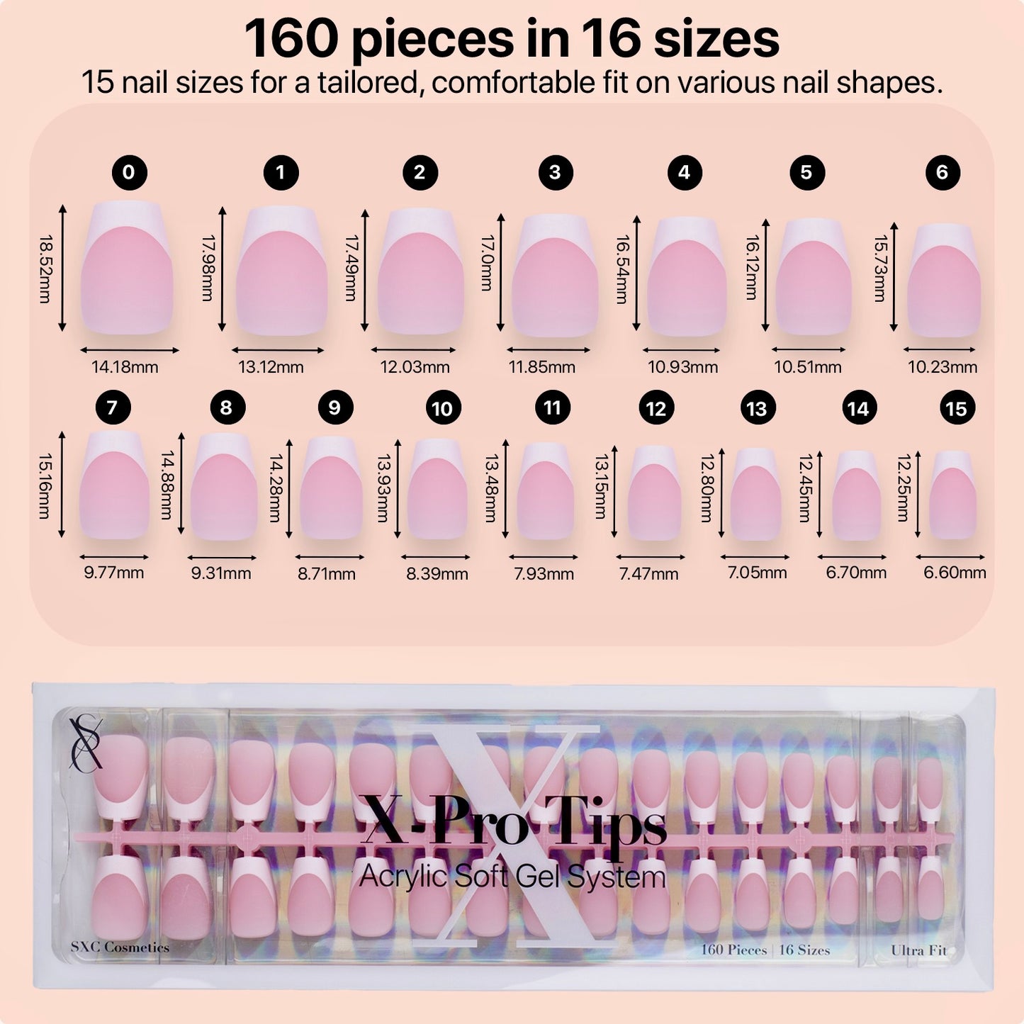 SXC Cosmetics X-Pro Tips Press on Nails, Pink Short Coffin French Tips, 160 Pieces in 16 Sizes Ultra Fit Acrylic Soft Gel System