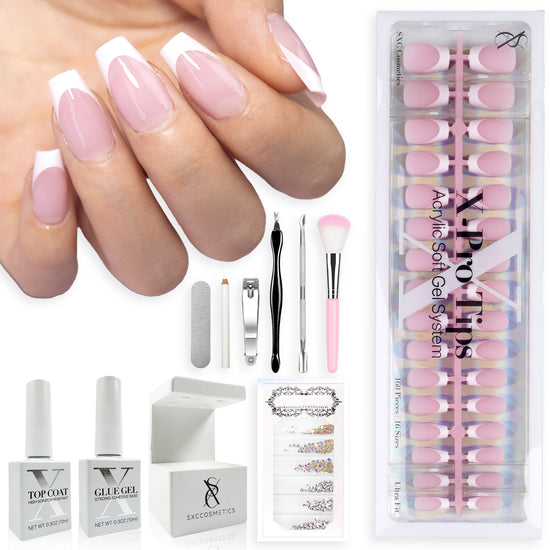 SXC Cosmetics French Tip Press On Nails Pink Series, Small Coffin X-Pro Tips Starter Kit