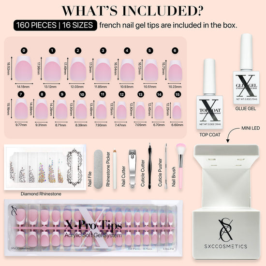 SXC Cosmetics French Tip Press On Nails Pink Series, Small Coffin X-Pro Tips Starter Kit