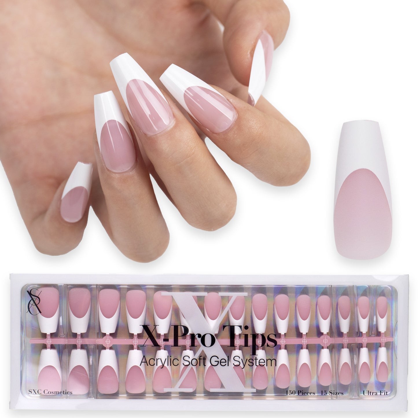 SXC Cosmetics X-Pro Tips Press on Nails, Pink Medium Coffin French Tips, 150 Pieces in 15 Sizes Ultra Fit Acrylic Soft Gel System