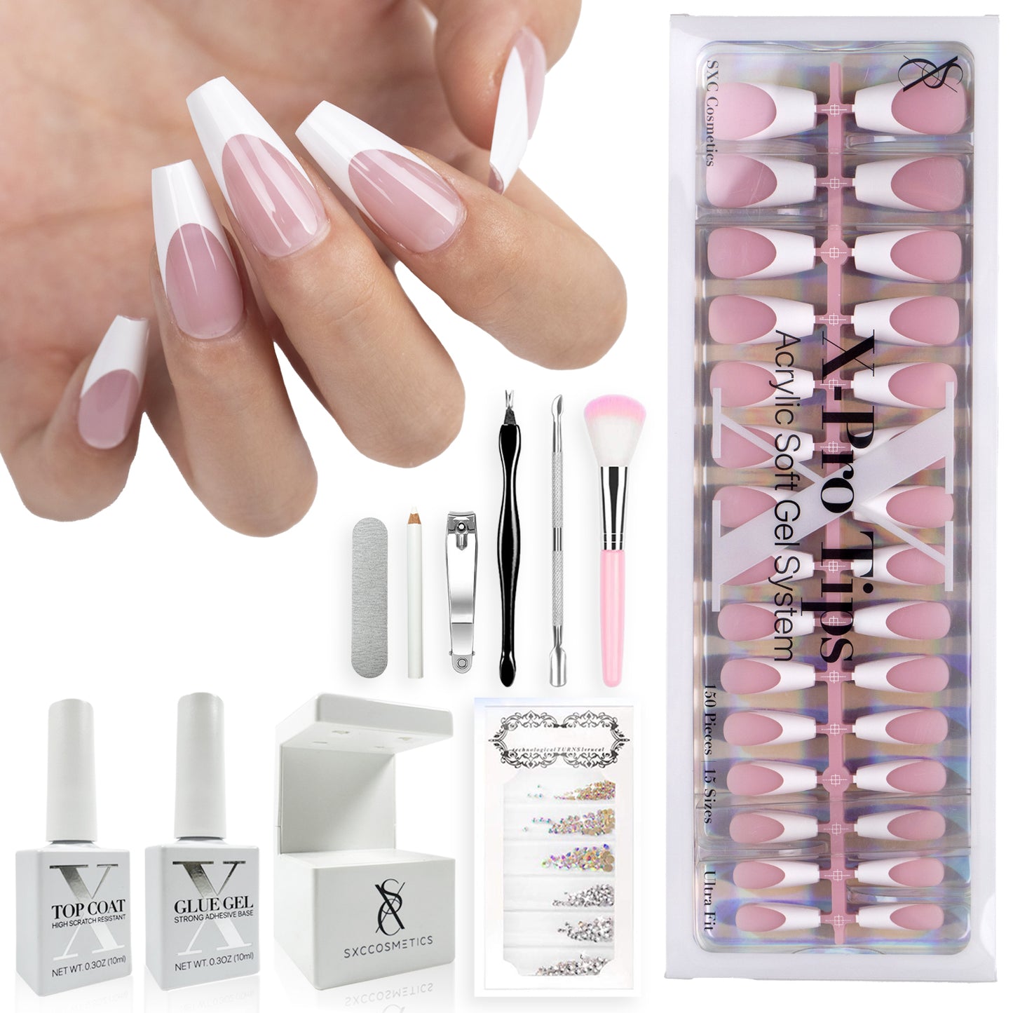 SXC Cosmetics French Tip Press On Nails Pink Series, Medium Coffin X-Pro Tips Starter Kit