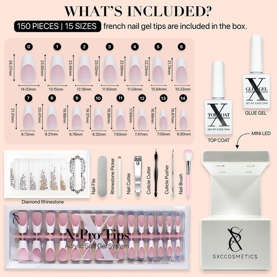 SXC Cosmetics French Tip Press On Nails Pink Series, Medium Coffin X-Pro Tips Starter Kit