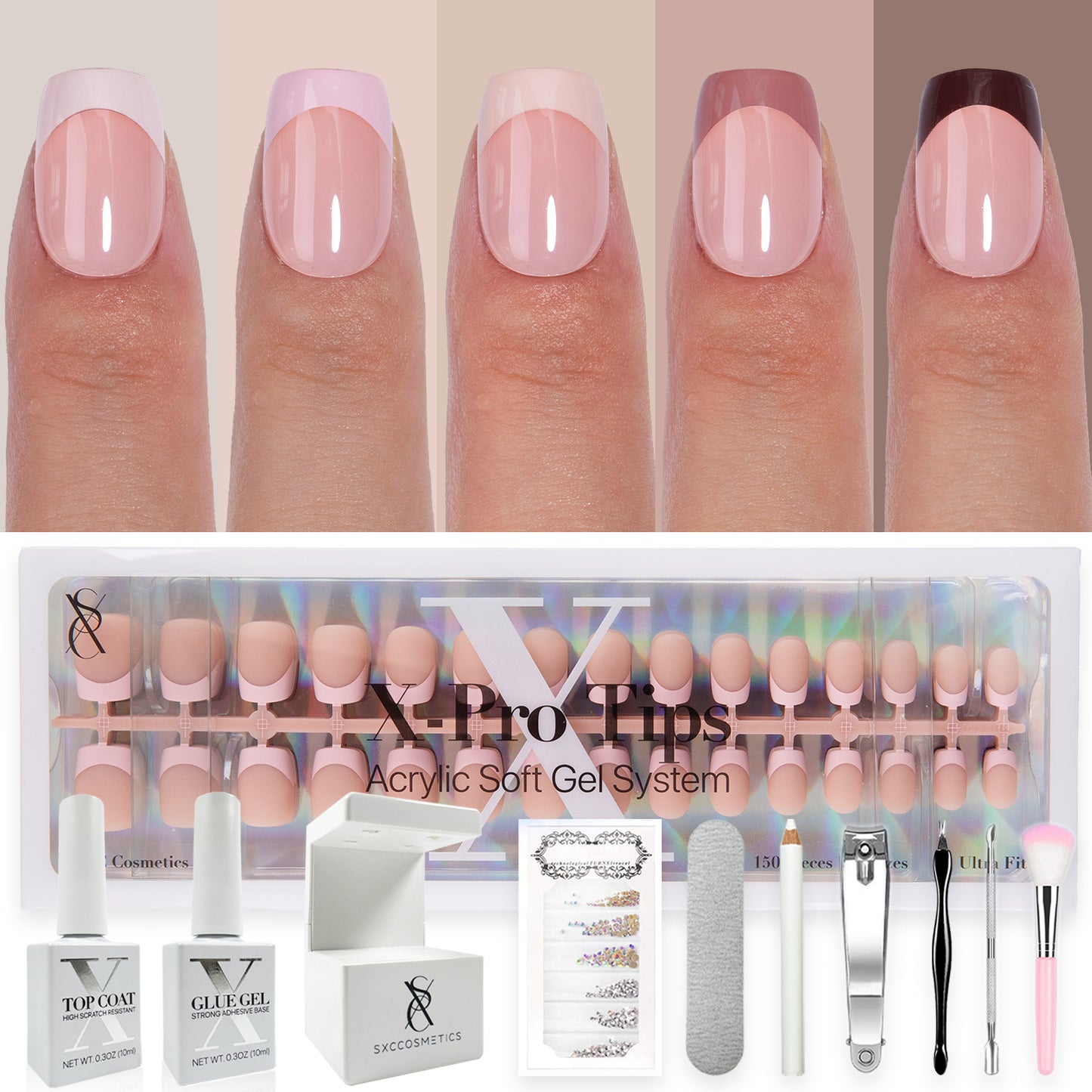 SXC Cosmetics French Tip Press On Nails, Skin Tone Series, XS Square, X-Pro Tips Starter Kit