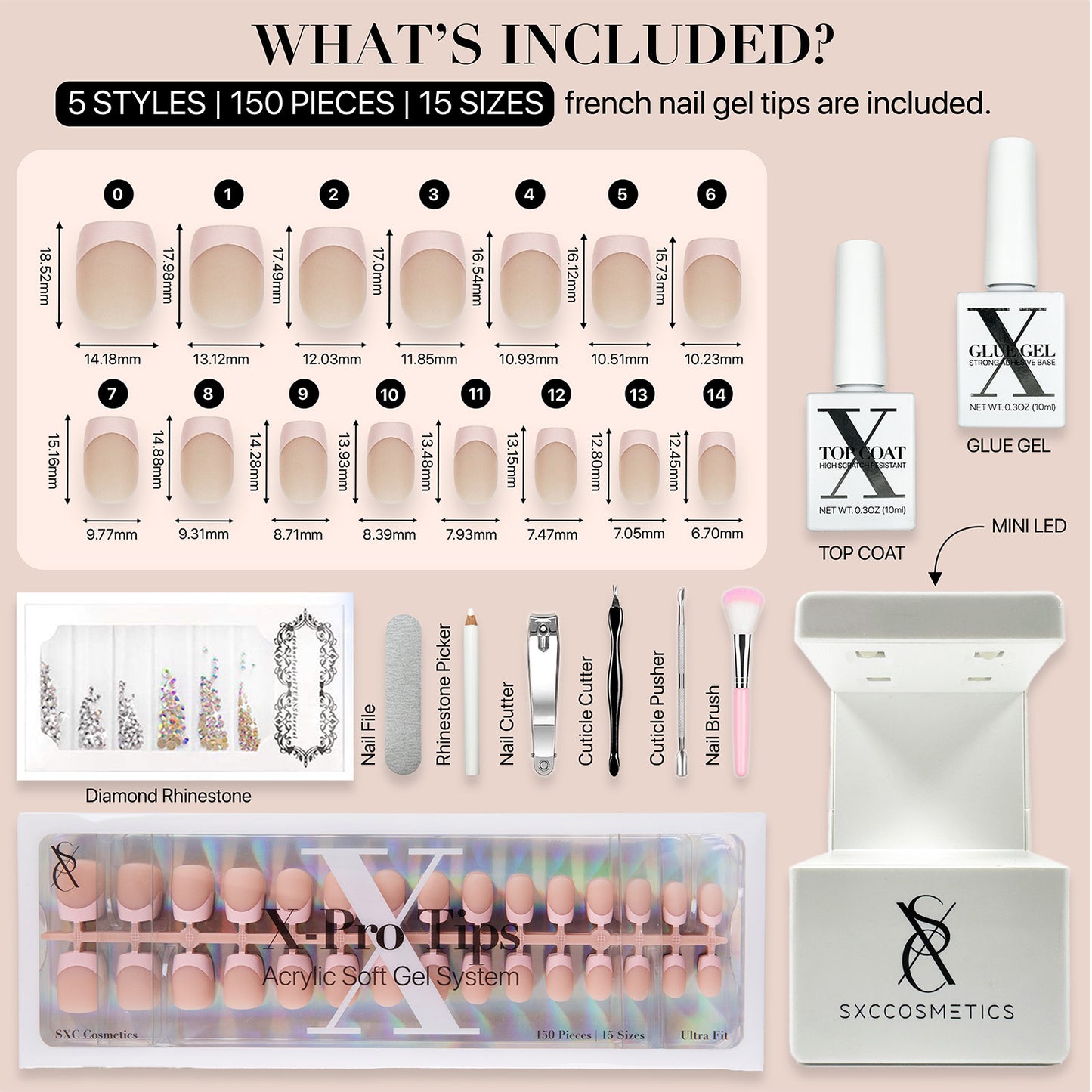 SXC Cosmetics French Tip Press On Nails, Skin Tone Series, XS Square, X-Pro Tips Starter Kit