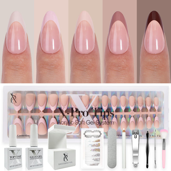 SXC Cosmetics French Tip Press On Nails, Skin Tone Series, Medium Almond, X-Pro Tips Starter Kit