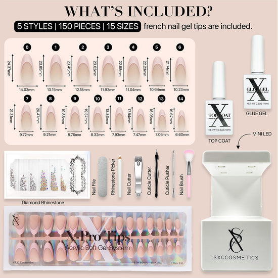 SXC Cosmetics French Tip Press On Nails, Skin Tone Series, Medium Almond, X-Pro Tips Starter Kit