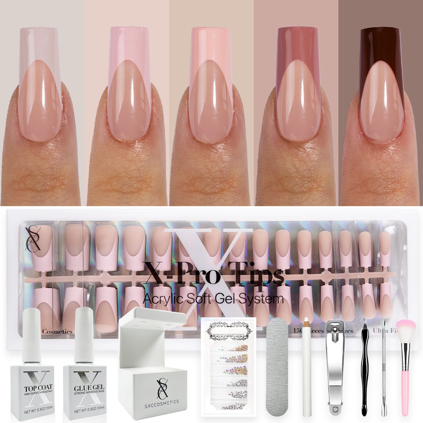 SXC Cosmetics French Tip Press On Nails, Skin Tone Series, Medium Square, X-Pro Tips Starter Kit