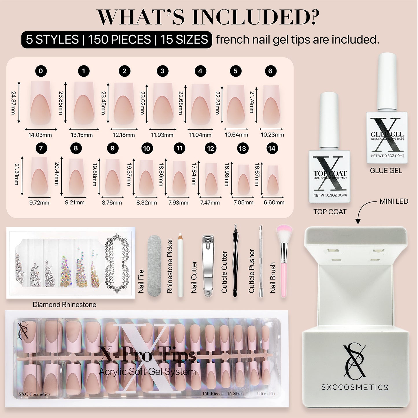 SXC Cosmetics French Tip Press On Nails, Skin Tone Series, Medium Square, X-Pro Tips Starter Kit