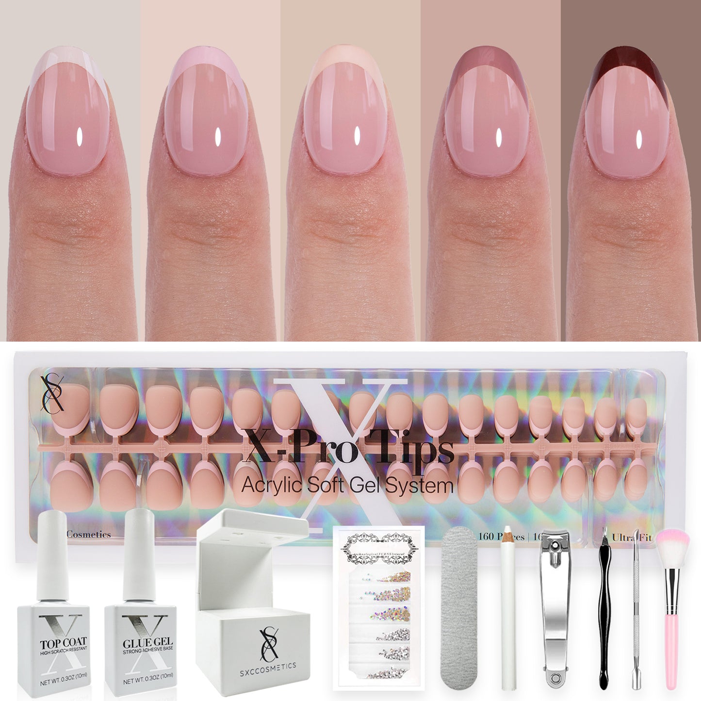 SXC Cosmetics French Tip Press On Nails, Skin Tone Series, XS Almond, X-Pro Tips Starter Kit