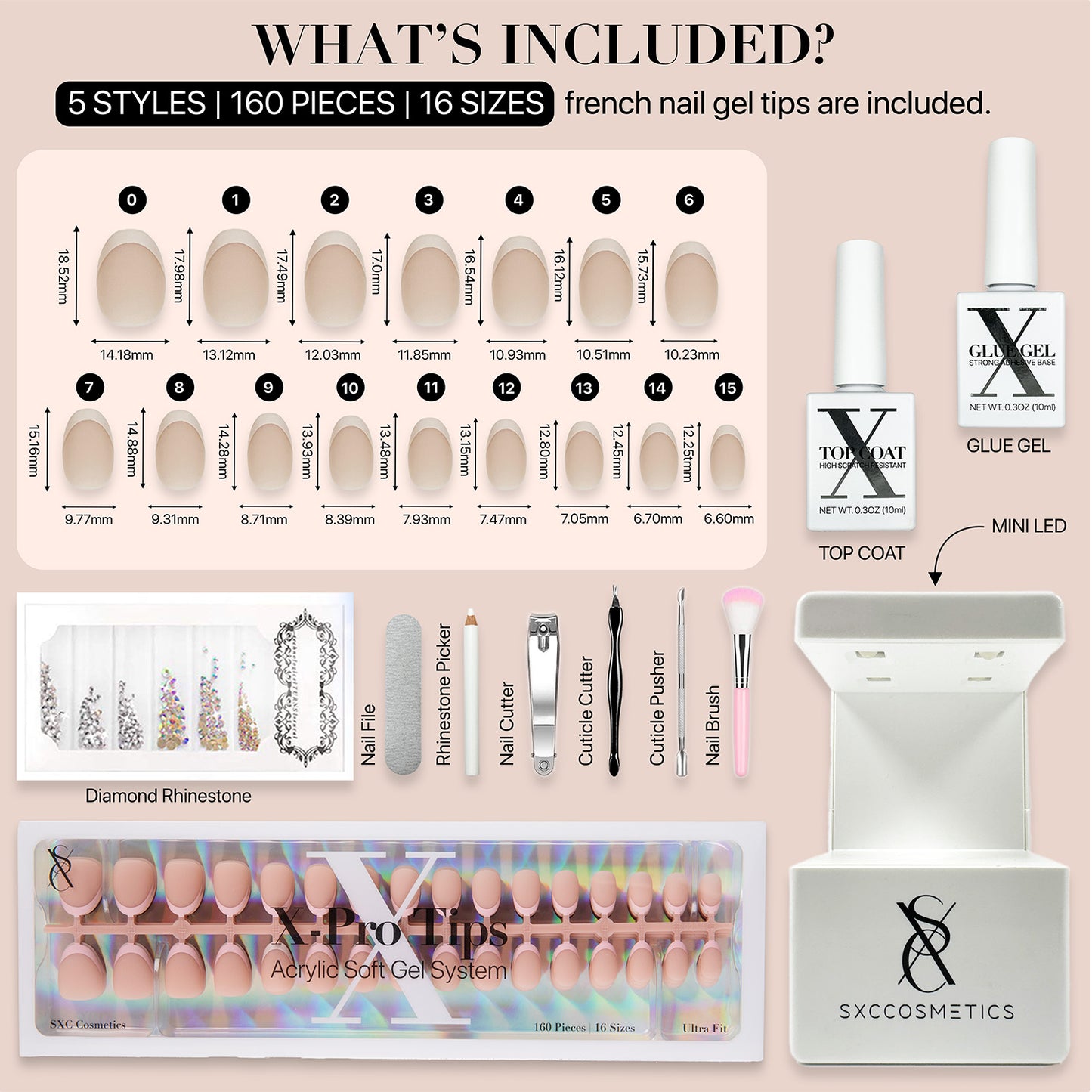 SXC Cosmetics French Tip Press On Nails, Skin Tone Series, XS Almond, X-Pro Tips Starter Kit