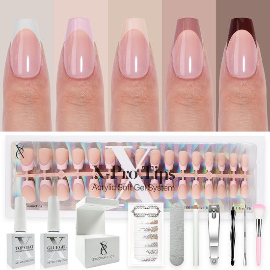 SXC Cosmetics French Tip Press On Nails, Skin Tone Series, Short Coffin, X-Pro Tips Starter Kit