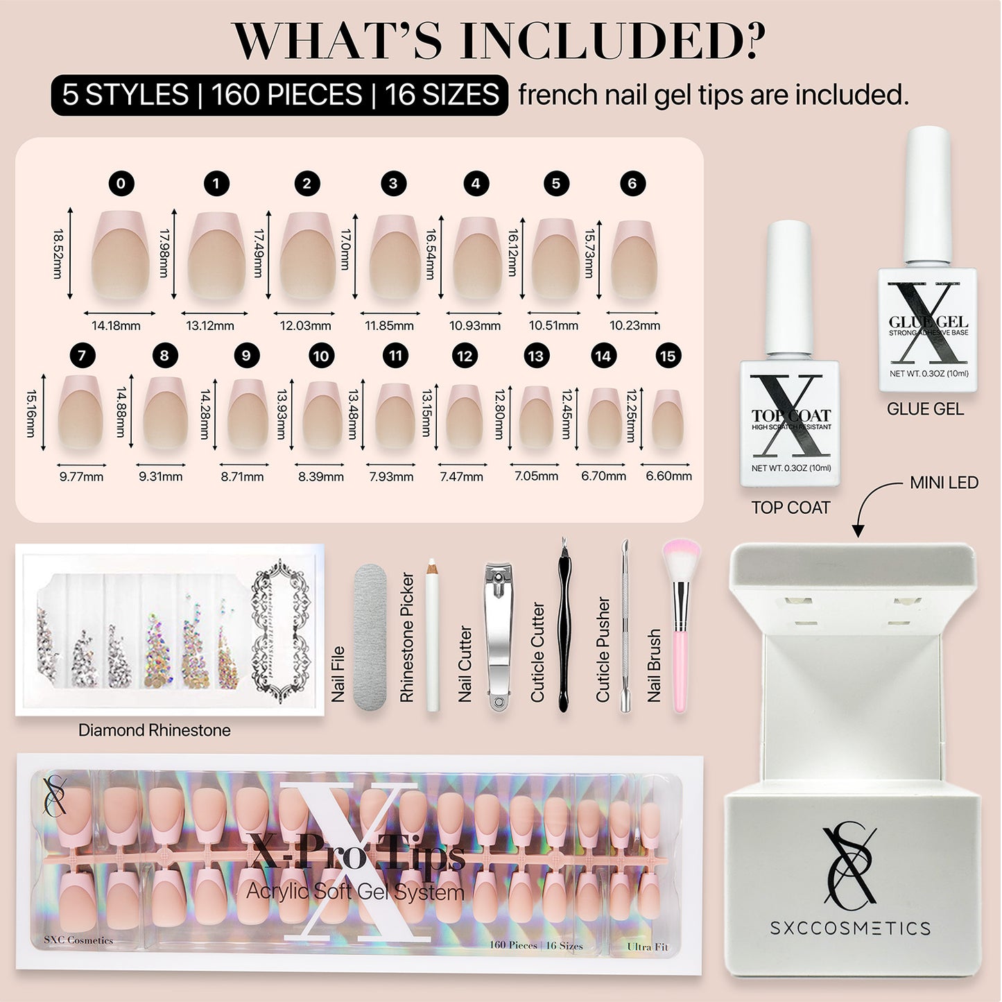 SXC Cosmetics French Tip Press On Nails, Skin Tone Series, Short Coffin, X-Pro Tips Starter Kit