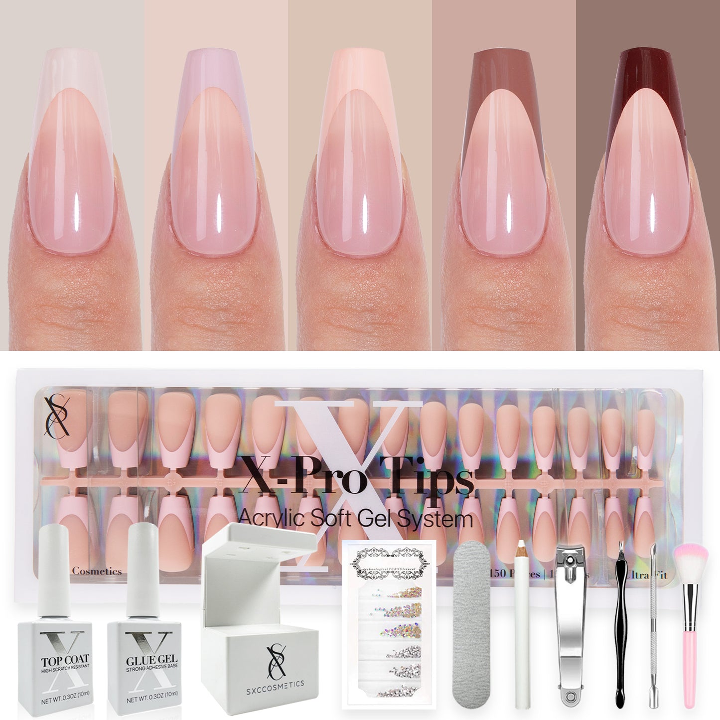 SXC Cosmetics French Tip Press On Nails, Skin Tone Series, Medium Coffin, X-Pro Tips Starter Kit