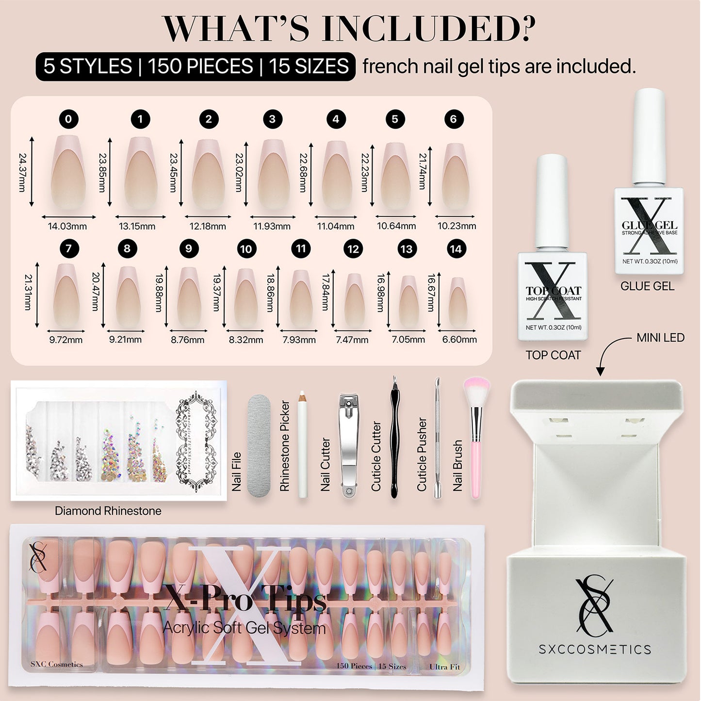 SXC Cosmetics French Tip Press On Nails, Skin Tone Series, Medium Coffin, X-Pro Tips Starter Kit